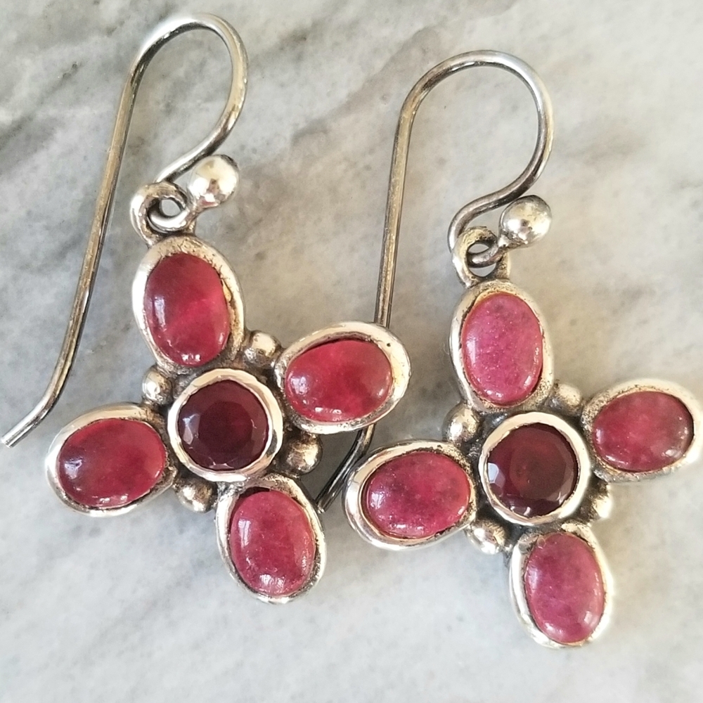 Barse Sterling Silver 925 Red Garnet and Pink Stones Cross Hook Earrings